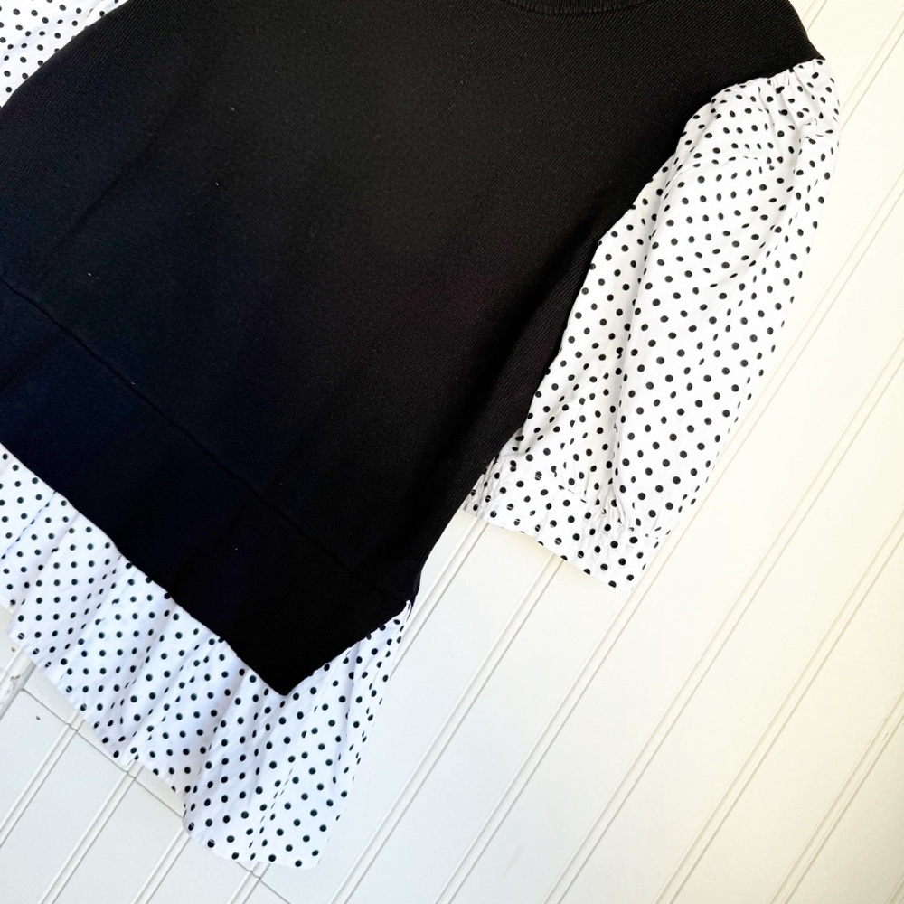 Anthropologie Size M Black and White Polka Dot Mixed Media Puff-Sleeve Sweater - Picture 6 of 7